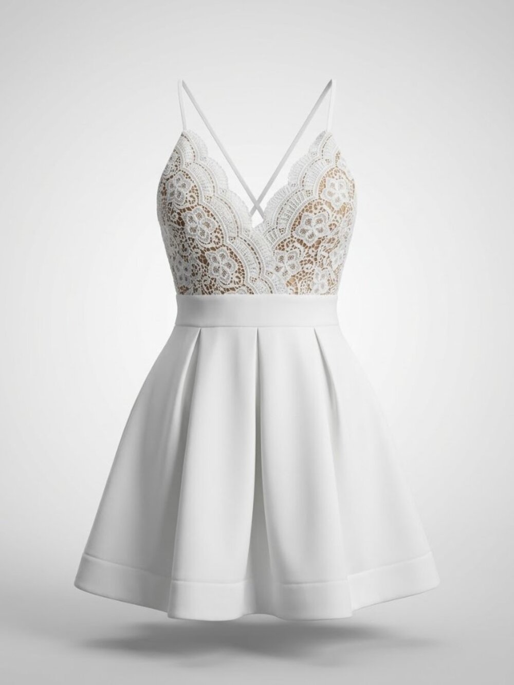 White Floral Pattern Crochet Lace V-neck Adjustable Straps Pleated Dress
